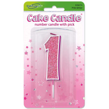 Glitter No.1 Birthday Candle 7.5cm Pink/Silver Glitter