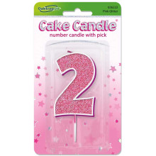 Glitter No.2 Birthday Candle 7.5cm Pink/Silver Glitter