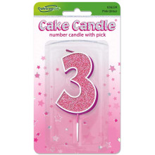 Glitter No.3 Birthday Candle 7.5cm Pink/Silver Glitter