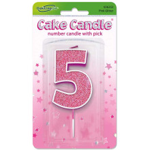 Glitter No.5 Birthday Candle 7.5cm Pink/Silver Glitter