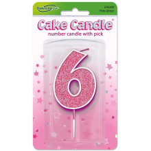 Glitter No.6 Birthday Candle 7.5cm Pink/Silver Glitter