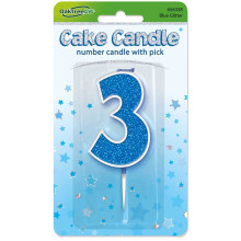 Glitter No.3 Birthday Candle 7.5cm Blue/Silver Glitter