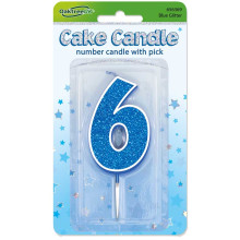 Glitter No.6 Birthday Candle 7.5cm Blue/Silver Glitter