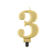 Birthday candle number 3, metallic gold, 8.0 cm