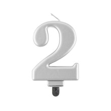 Birthday candle number 2, metallic silver, 8.0 cm