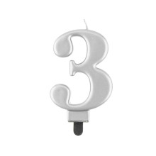 Birthday candle number 3, metallic silver, 8.0 cm