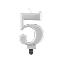 Birthday candle number 5, metallic silver, 8.0 cm