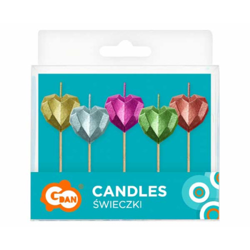 Pick candles Hearts, metallic, 5 pcs