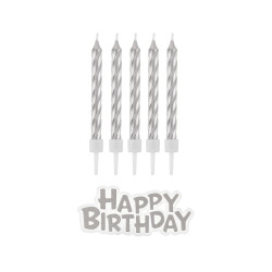 شموع عيد ميلاد تغريسة عيد ميلاد فضي مع 16 شمعة