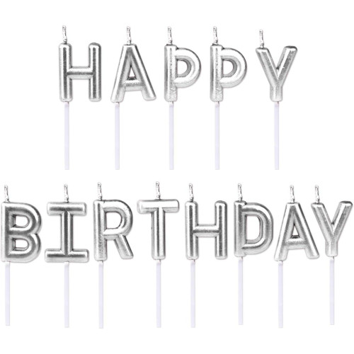 Happy Birthday Pick Candle- Metallic silver