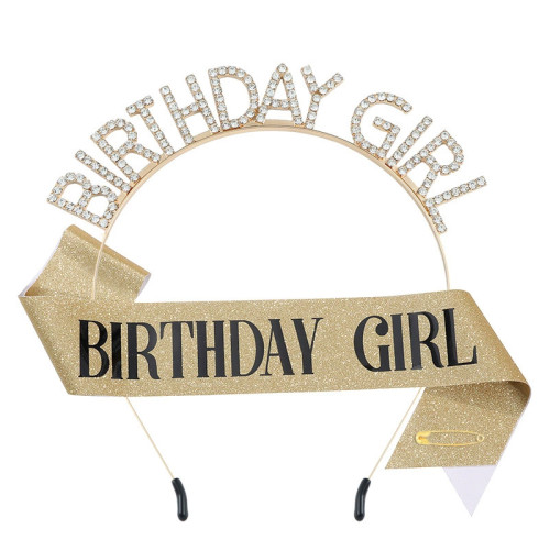 Gold Party Headband and Sash "BIRTHDAY GIRL" - Gold Sash and black text
