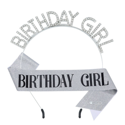 silver Party Headband and Sash "BIRTHDAY GIRL" silver Sash and black text