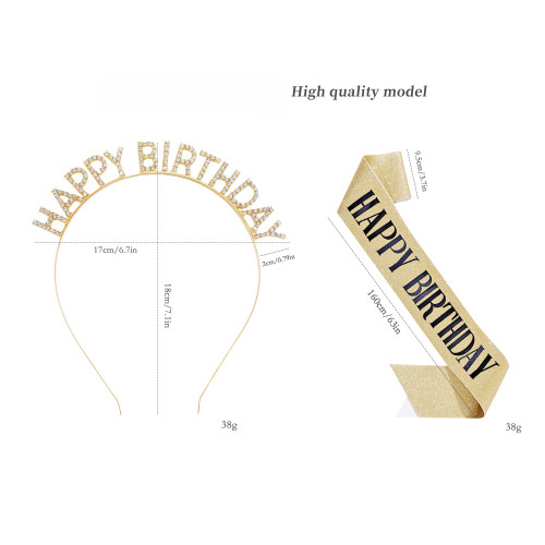 Gold Party Headband and Sash "HAPPY BIRTHDAY" - Gold Sash and black text
