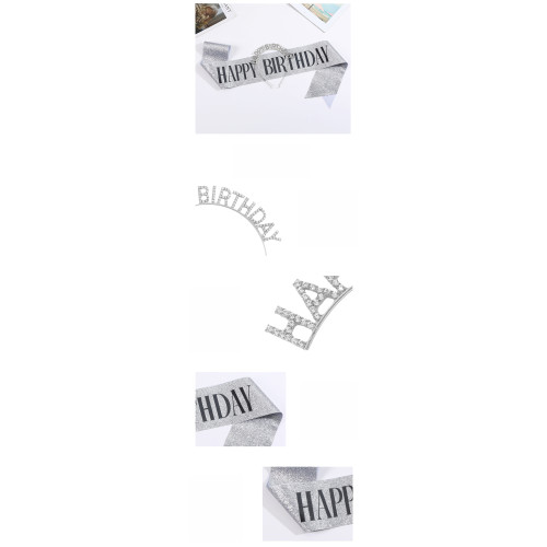 silver Party Headband and Sash "HAPPY BIRTHDAY" silver Sash and black text