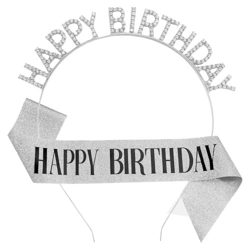 silver Party Headband and Sash "HAPPY BIRTHDAY" silver Sash and black text