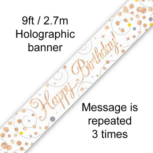 9ft Banner Sparkling Fizz Birthday White & Rose Gold Holographic 9ft Banner Sparkling Fizz Birthday White & Rose Gold Holographic